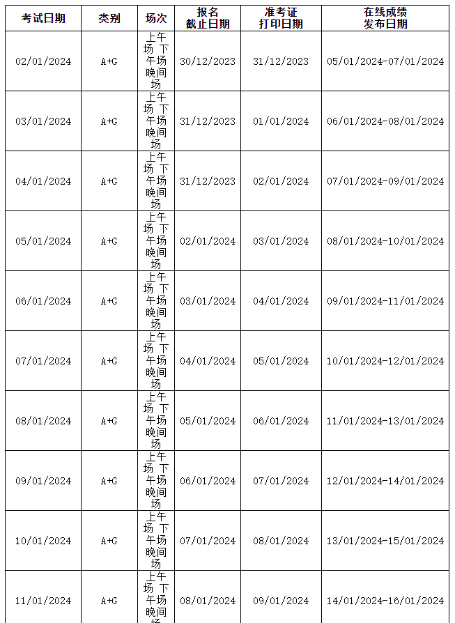2024年1-6月雅思机考考试时间安排