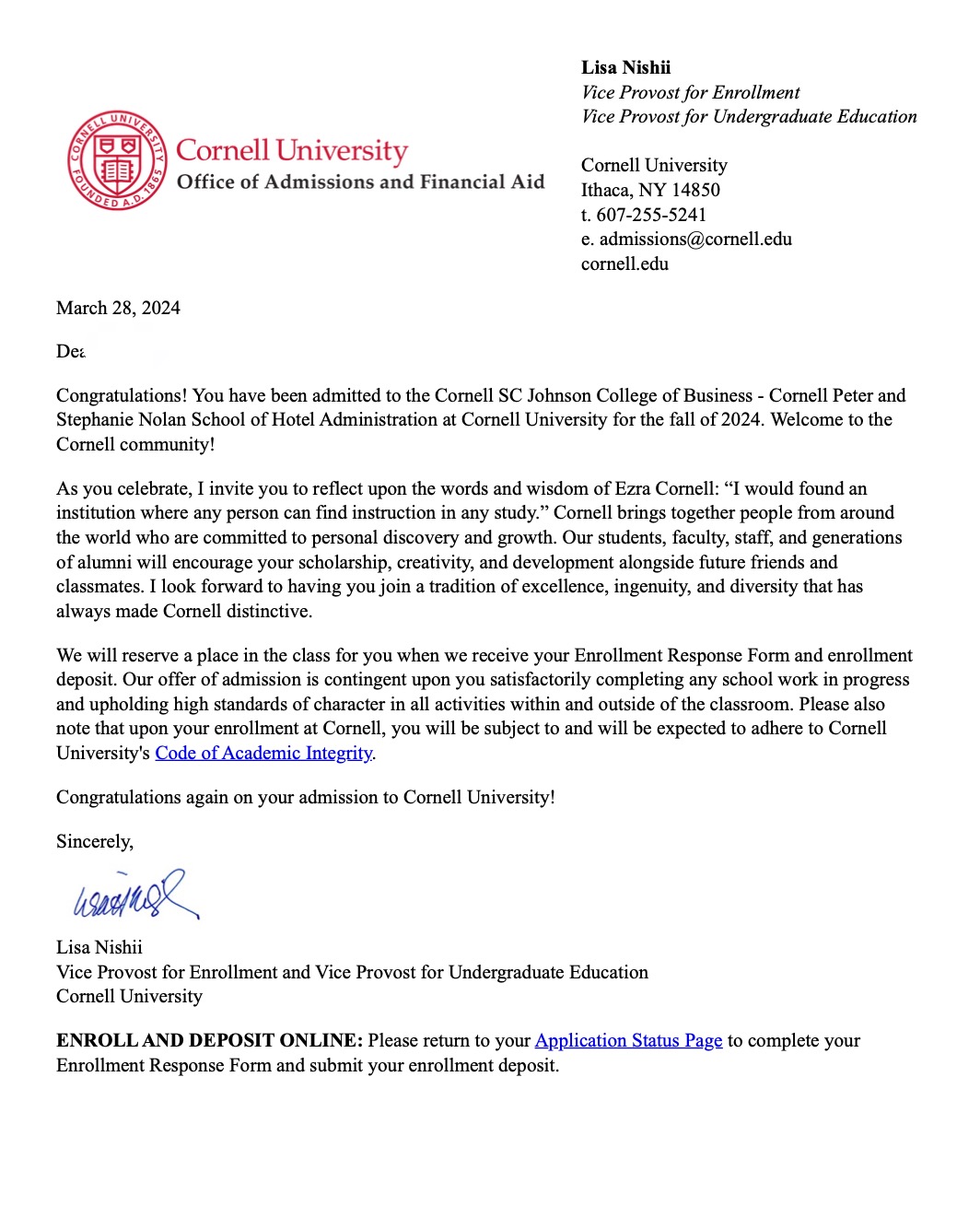 美国大学申请offer：Cornell-Z
